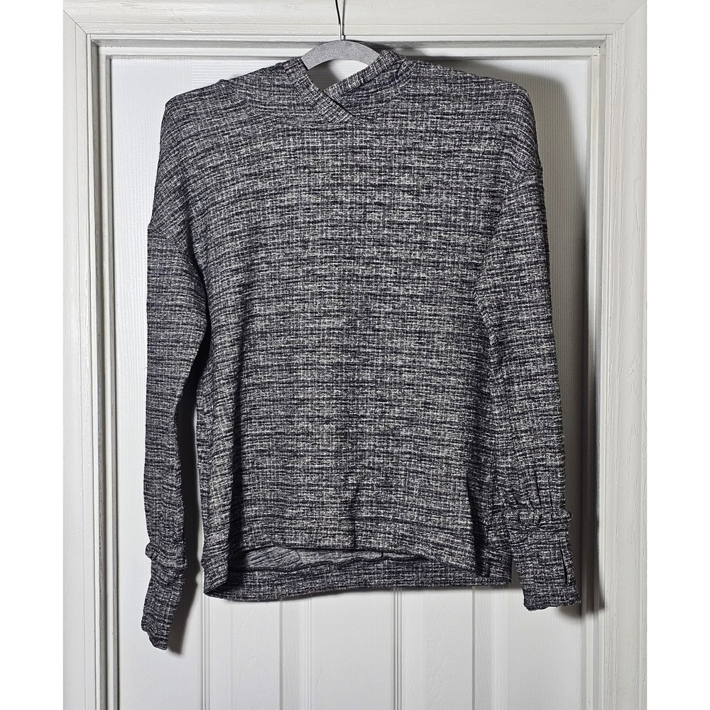 Lululemon Extra Mile Hoodie Womens Size 6 Gray Knit Pullover Thumb Holes Logo